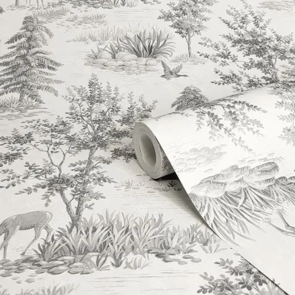 Stag Toile Wallpaper - Grey, Matte Finish