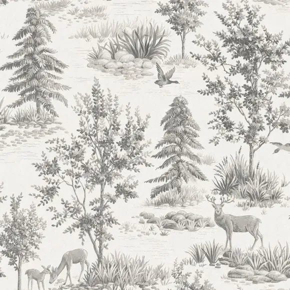Stag Toile Wallpaper - Grey, Matte Finish