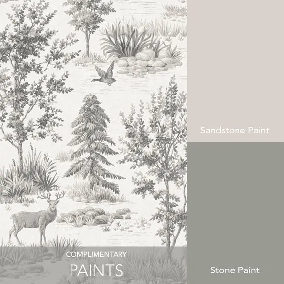 Stag Toile Wallpaper - Grey, Matte Finish