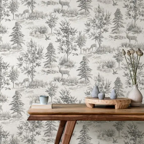 Stag Toile Wallpaper - Grey, Matte Finish