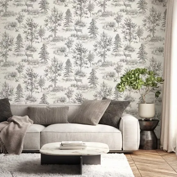 Stag Toile Wallpaper - Grey, Matte Finish image