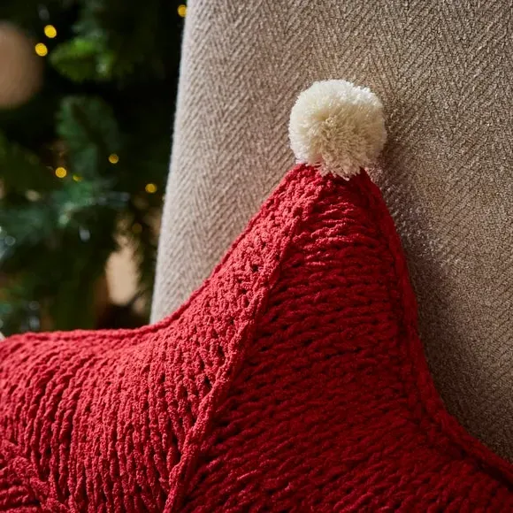 Star Cushion with Pom-Pom Detail - Red, Knitted