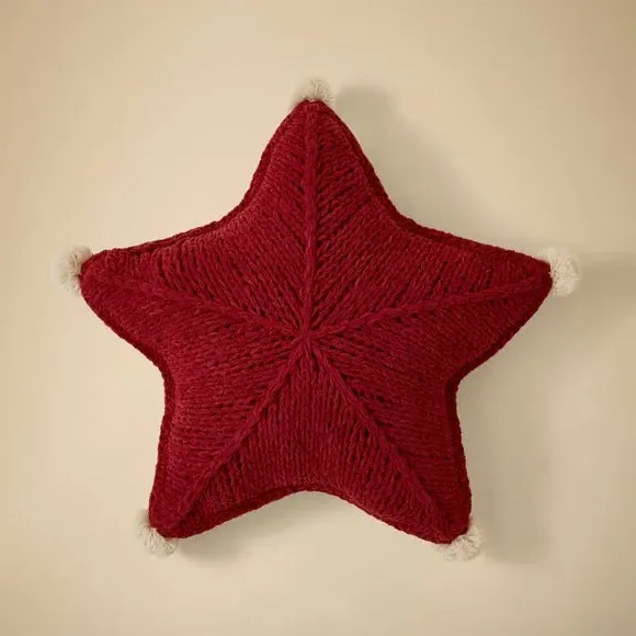 Star Cushion with Pom-Pom Detail - Red, Knitted