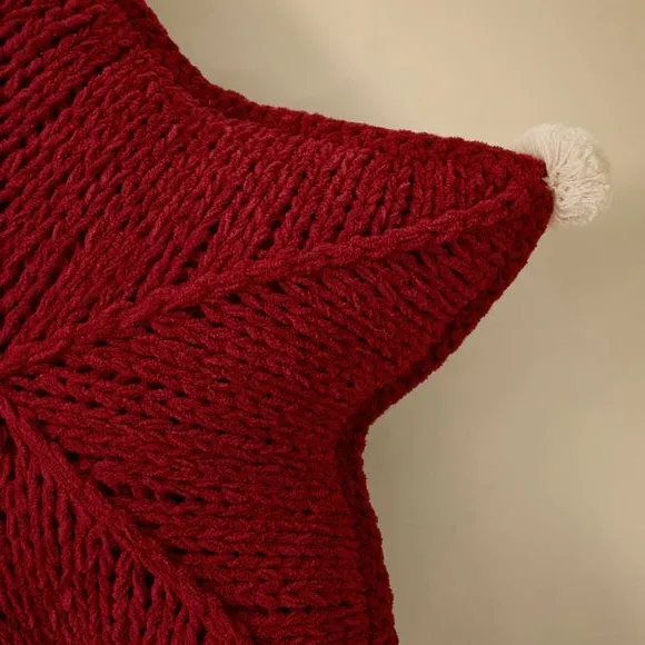 Star Cushion with Pom-Pom Detail - Red, Knitted