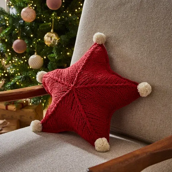 Star Cushion with Pom-Pom Detail - Red, Knitted image