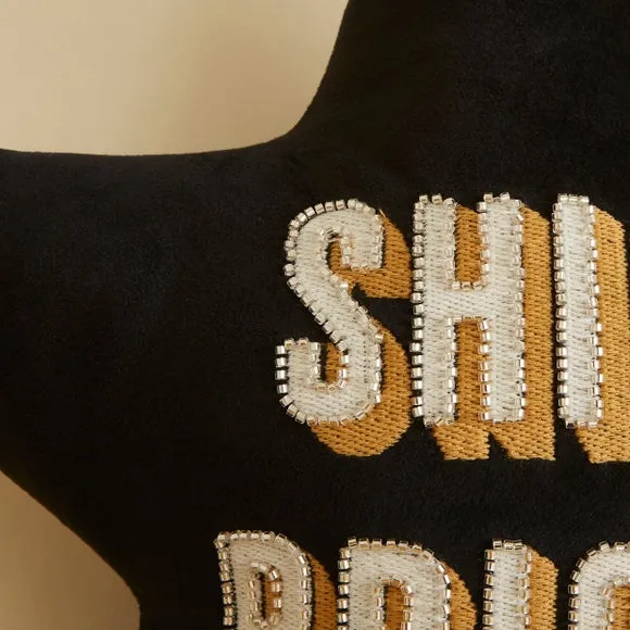 Star Shaped Cushion with Text - Black, Polyester