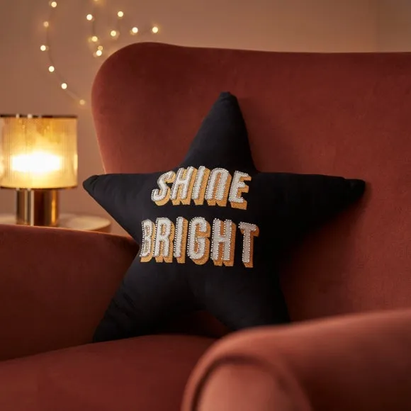Star Shaped Cushion with Text - Black, Polyester