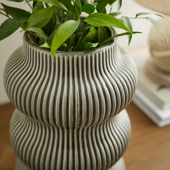 Statement Vase with Striped Design - Grey, Ceramic