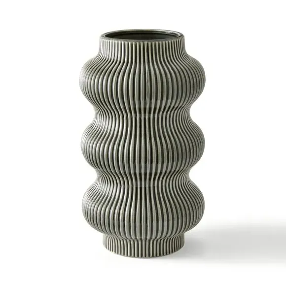 Statement Vase with Striped Design - Grey, Ceramic