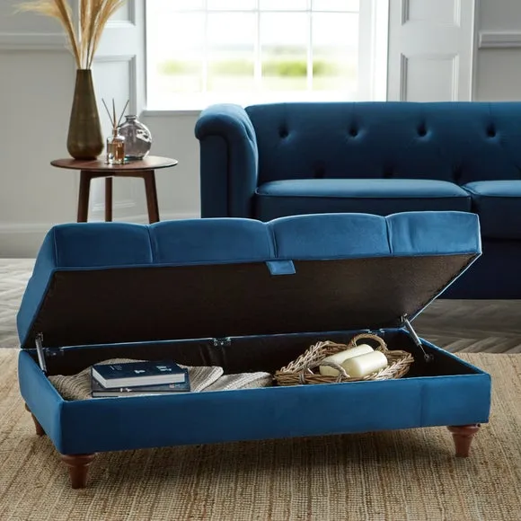 Storage Footstool with Buttoned Top - Blue, Velvet