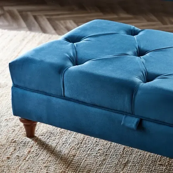 Storage Footstool with Buttoned Top - Blue, Velvet