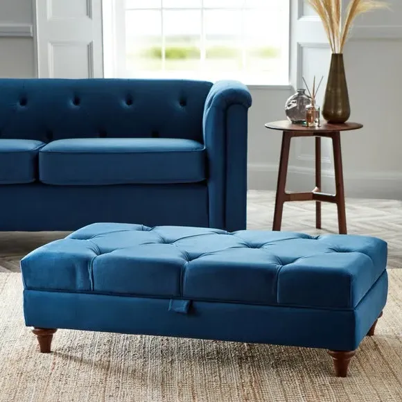 Storage Footstool with Buttoned Top - Blue, Velvet