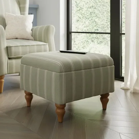 Storage Footstool with Stripes - Sage, Wood