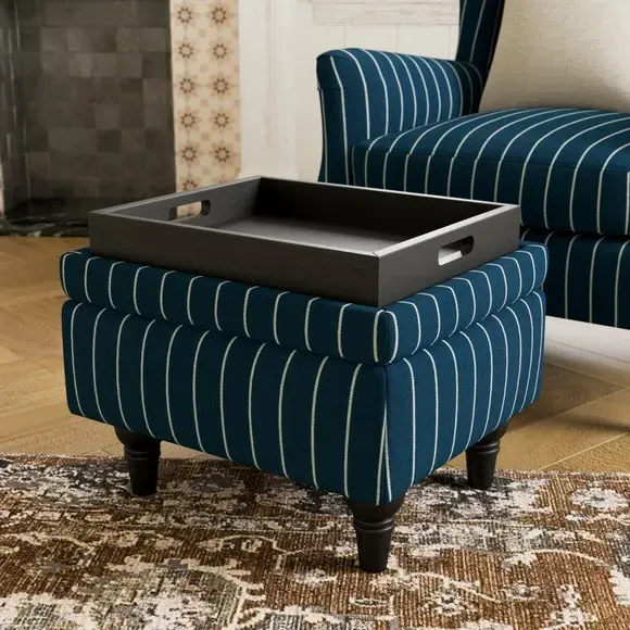 Storage Footstool with Tray - Navy, Fabric