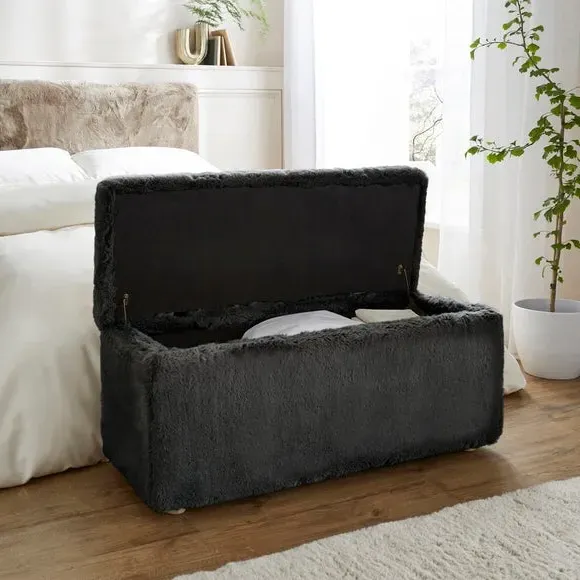 Storage Ottoman with Legs - Black, Faux Fur