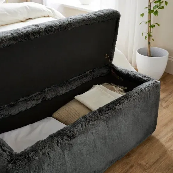 Storage Ottoman with Legs - Black, Faux Fur