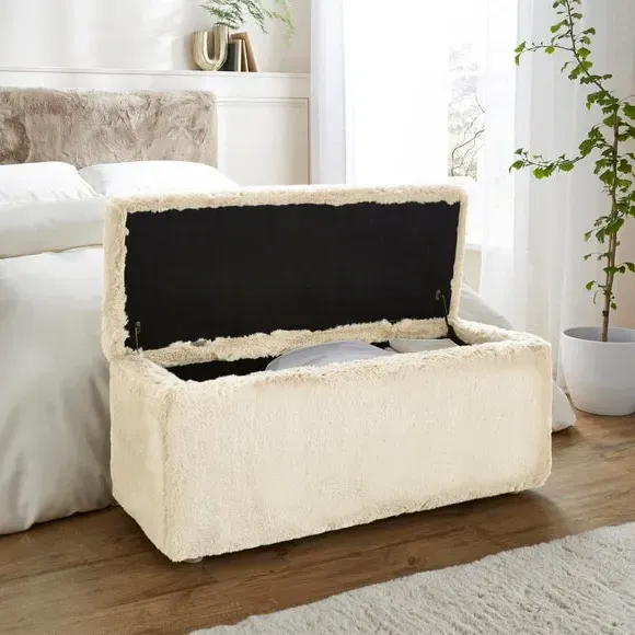 Storage Ottoman with Legs - Ivory, Faux Fur