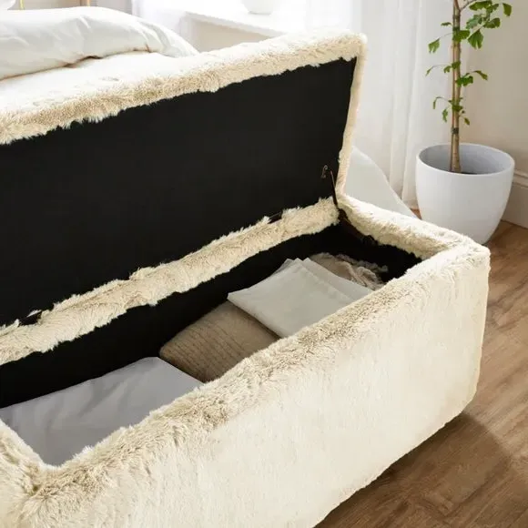 Storage Ottoman with Legs - Ivory, Faux Fur