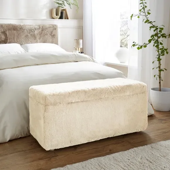 Storage Ottoman with Legs - Ivory, Faux Fur