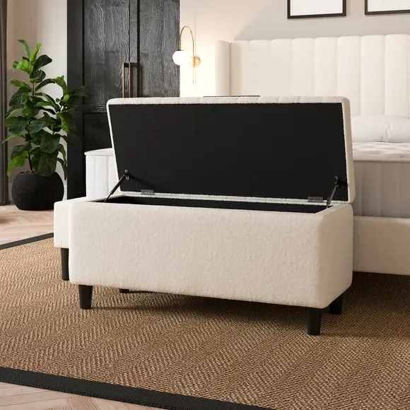 Storage Ottoman with Solid Wood Legs - Cream, Boucle