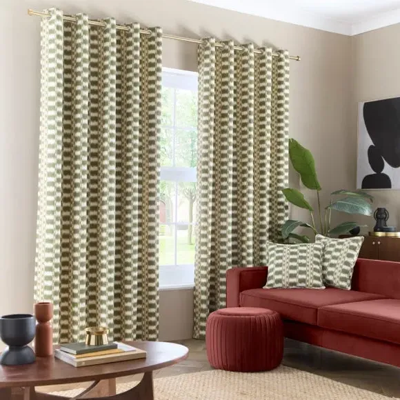 Stripe Eyelet Curtains - Khaki, Cotton