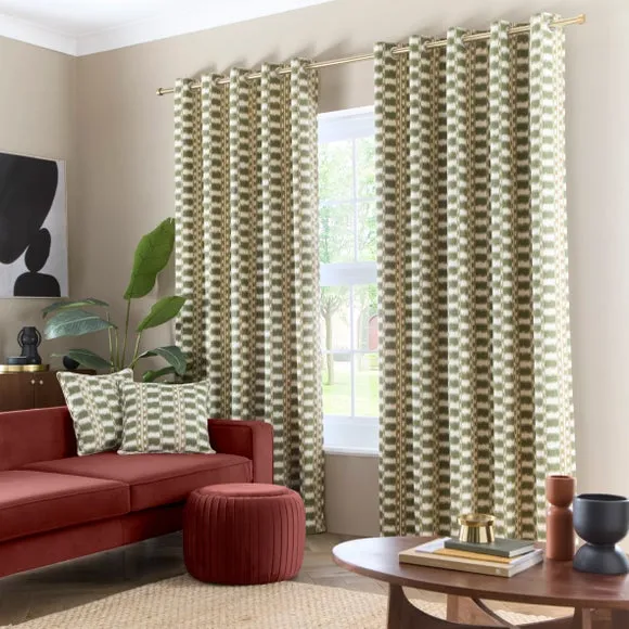 Stripe Eyelet Curtains - Khaki, Cotton