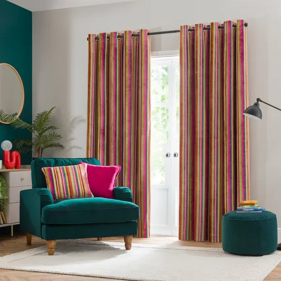 Stripe Eyelet Curtains - Multicolor, Cut Velvet