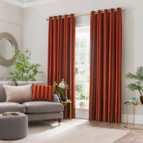 Stripe Eyelet Curtains - Orange, Velour