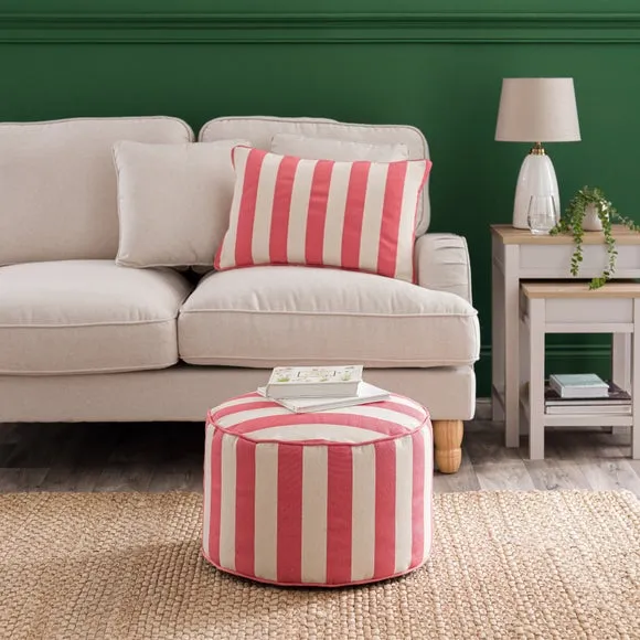 Stripe Pouffe with Piped Edges - Coral, Cotton