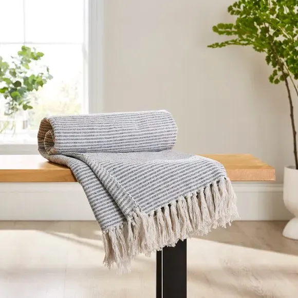Stripe Throw Blanket with Tassels - Blue image