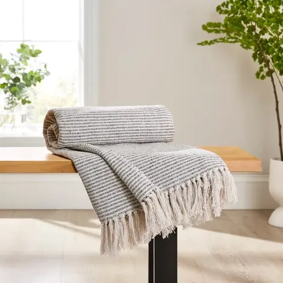 Stripe Throw Blanket with Tassels - Olive