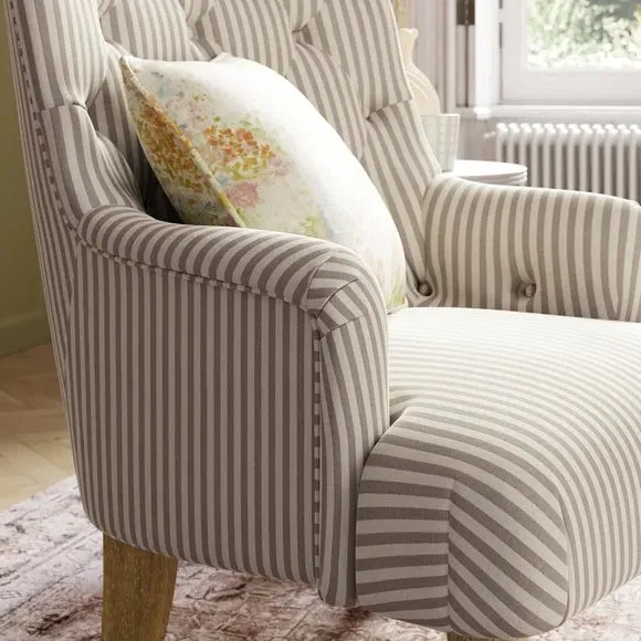 Striped Armchair with Button Detail - Mushroom