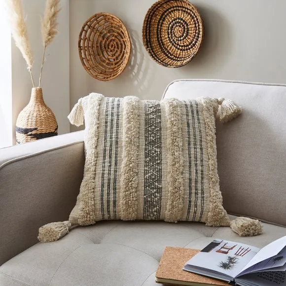 Striped Cushion Cover with Tassels - Natural image
