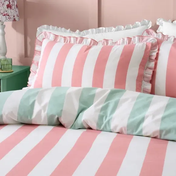 Striped Duvet Cover Set with Frills - Aqua, Cotton