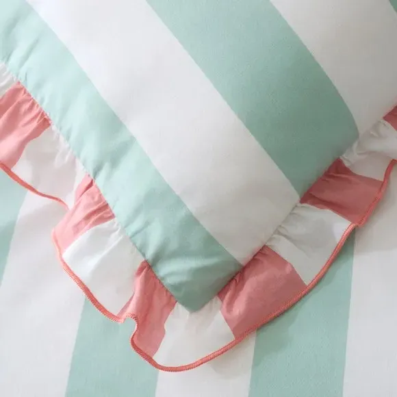 Striped Duvet Cover Set with Frills - Aqua, Cotton