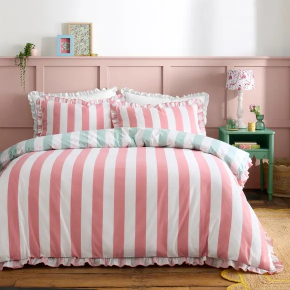 Striped Duvet Cover Set with Frills - Aqua, Cotton