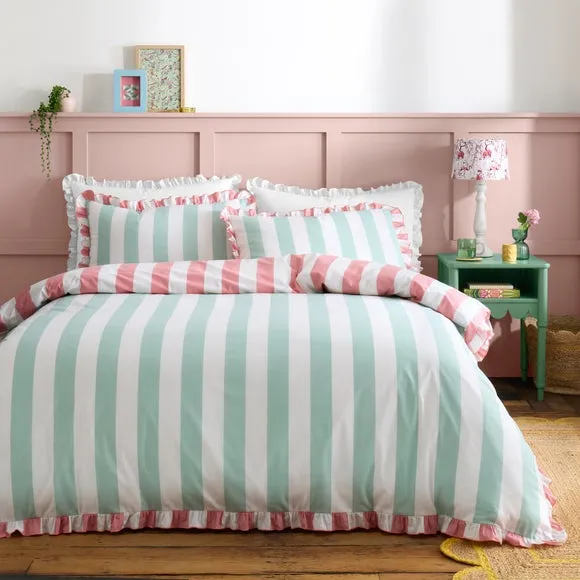 Striped Duvet Cover Set with Frills - Aqua, Cotton image