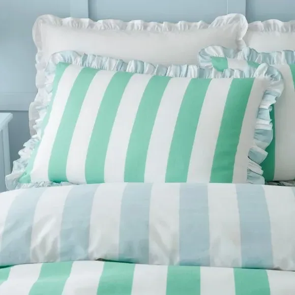 Striped Duvet Cover Set with Frills - Green, Cotton