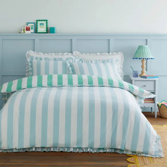 Striped Duvet Cover Set with Frills - Green, Cotton