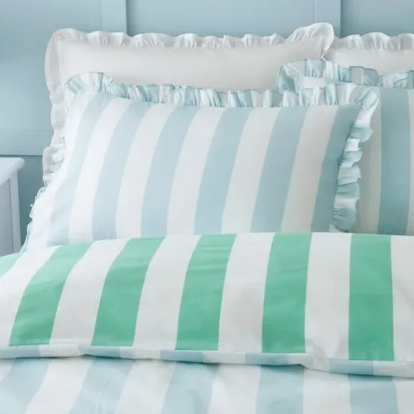 Striped Duvet Cover Set with Frills - Green, Cotton