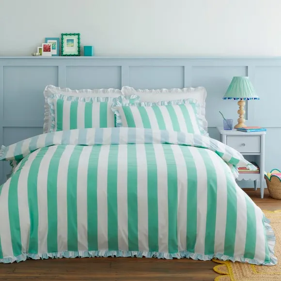 Striped Duvet Cover Set with Frills - Green, Cotton