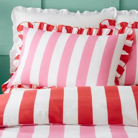 Striped Duvet Cover Set with Frills - Pink, Cotton