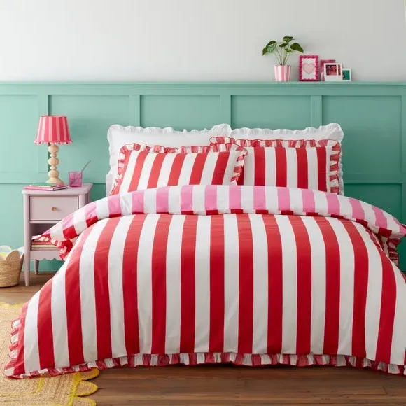 Striped Duvet Cover Set with Frills - Pink, Cotton