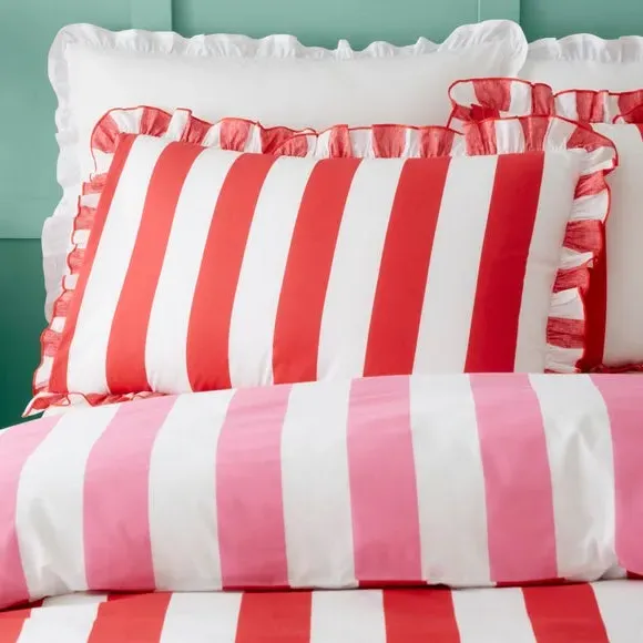 Striped Duvet Cover Set with Frills - Pink, Cotton