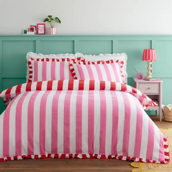 Striped Duvet Cover Set with Frills - Pink, Cotton image