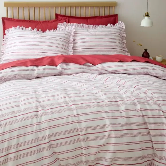 Striped Duvet Cover Set with Frills - Rhubarb, Cotton