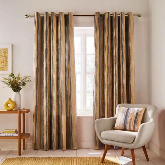 Striped Eyelet Curtains - Ochre, Polyester