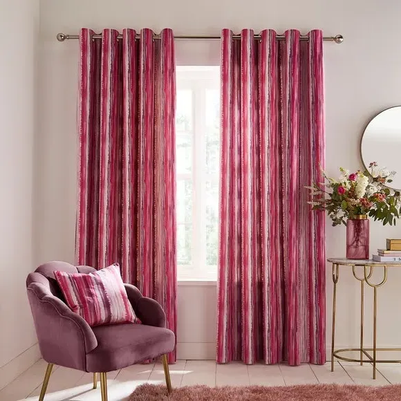 Striped Eyelet Curtains - Pink, Polyester