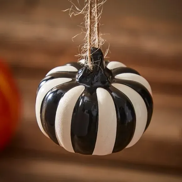 Striped Pumpkin Decoration - Black/White, Ceramic