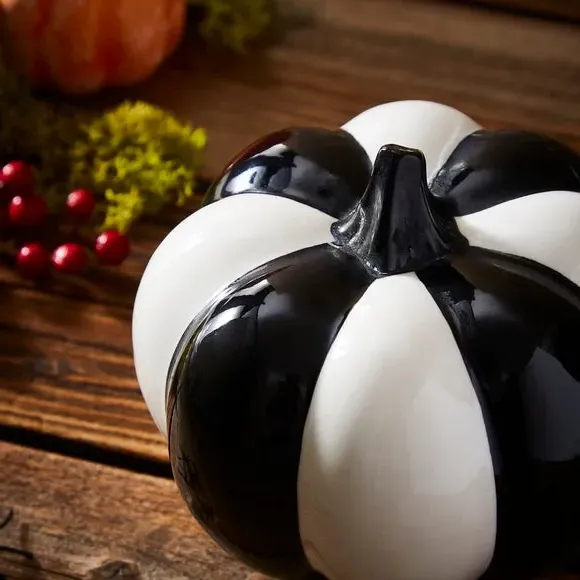 Striped Pumpkin Decoration - Black/White, Stoneware